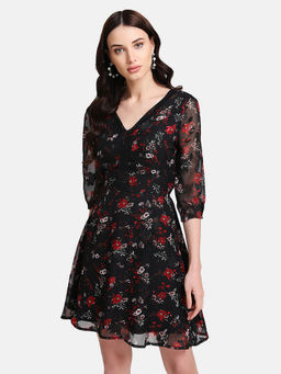 Kazo - Black V - Neck Printed Dress
