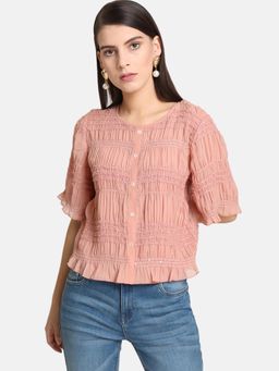 Kazo - Peach Button Up Top With Smocking