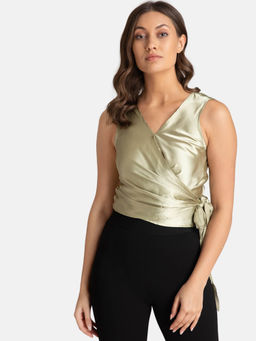 Kazo - Green Satin Wrap Top