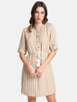 Kazo - Beige Mandarin Collar With Rope Detail Dress