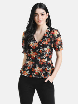 Kazo - Black Floral Printed Stretch Lace Peplum Top