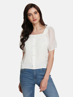 Kazo - White Puffer Dobby Sleeves Top