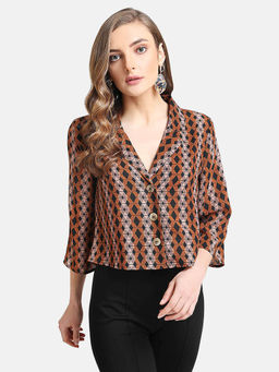 Kazo - Brown Printed Notch Collar Crop Shirt