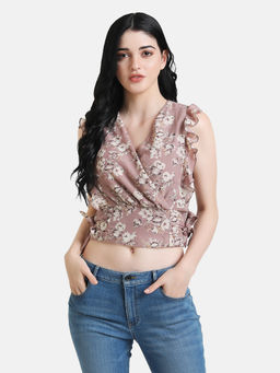 Kazo - Beige Cropped Ruffle Top