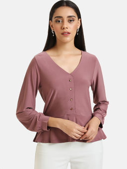Kazo - Twilight Mauve Peplum Jersey Top With Front Button Detail