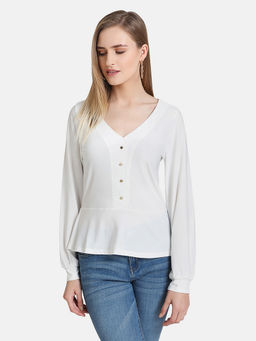 Kazo - White Peplum Jersey Top With Front Button Detail
