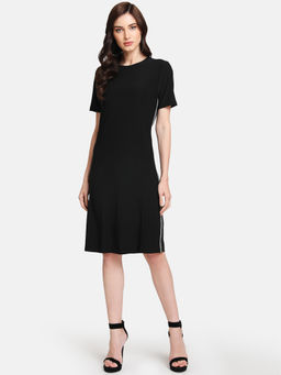 Kazo - Black Knee Length Dress With Lurex Tape Detail At Side