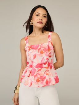 Twenty Dresses by Nykaa Fashion - Pink Floral Broad Straps Inverted Pleat Detail Peplum Top