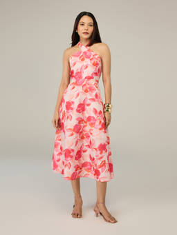 Twenty Dresses by Nykaa Fashion - Pink Floral Halter Neck Fit & Flare Midi Dress
