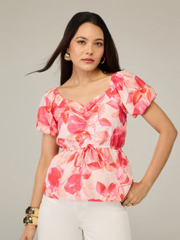 Twenty Dresses by Nykaa Fashion - Pink Floral Sweetheart Neck Puff Sleeves Tie Up Detail Top
