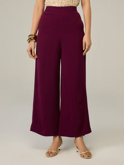Twenty Dresses by Nykaa Fashion - Wine Solid High Waist Flat Front Wide Leg Trouser