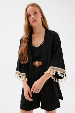 Sateen - Black Solid Pattern Shrug with Tassles