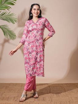 Globus - Women Pink Floral Print Kurta with Pant (Set of 2)