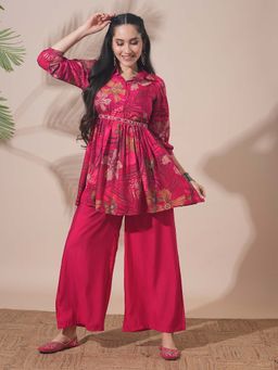 Globus - Women Pink Print Peplum Style Tunic with Palazzo (Set of 3)