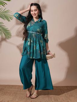 Globus - Women Teal Print Peplum Style Tunic with Palazzo (Set of 3)