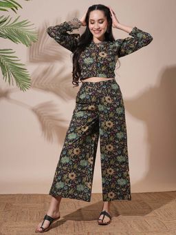 Globus - Women Black V-Neck Floral Print Co-Ord (Set of 2)