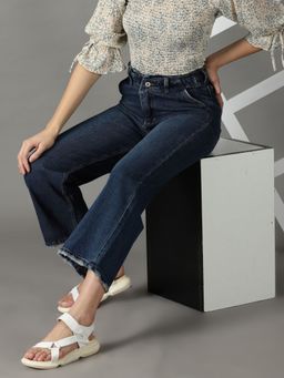 SHOWOFF - Women's Stretchable Clean Look Navy Blue Wide Leg Jeans