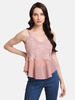 Kazo - Blush Pink Lurex Lace Overlay Spaghetti Top