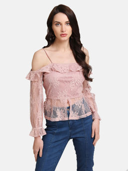 Kazo - Blush Pink Cold Shoulder Lurex Lace Top