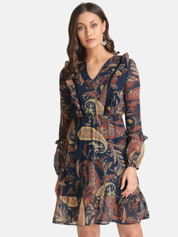 Kazo - Navy Blue A-Line Printed Dress
