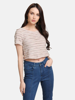 Kazo - Beige Lacey Scalloped Stretch Knit Crop Top