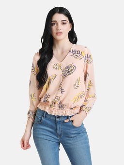 Kazo - Peach Front Button Printed Top