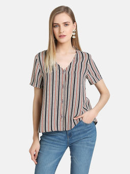 Kazo - Multi-Color Button Detailed Stripe Top