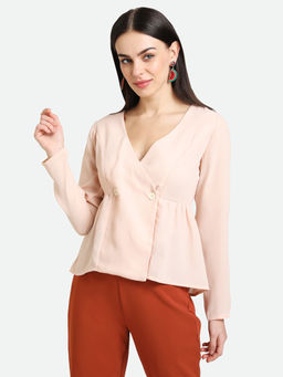 Kazo - Pale Blush Frilled Waist Button Detail Top