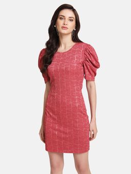 Kazo - Pink Self Textured Jaquard Puff Sleeved Dress