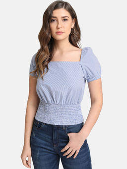 Kazo - Blue White Stripe Square Neck Puffed Sleeves Smocked Top