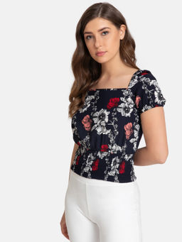 Kazo - Navy Blue Smocking Top With Puffed Sleeves