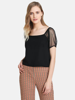 Kazo - Black Embellished Puffed Sleeves Top