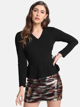 Kazo - Black V-Neck Top With A Self Tie Belt