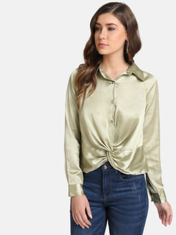 Kazo - Green Satin Shirt With Front Twist
