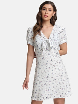 Kazo - White Floral Print Self-Tie Mini Dress