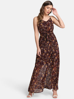 Kazo - Maroon Maxi Dress With A Self-Tie Belt