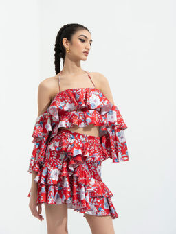MANDIRA WIRK - Ajisia Printed Cold Shoulder Blouse Paired With Short Skirt Red (Set of 2)
