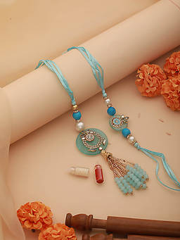 Aatmana - Crystal Studded & Pearl Tasselled Bhaiya Bhabhi Rakhi with Lamba & Roli Chawal