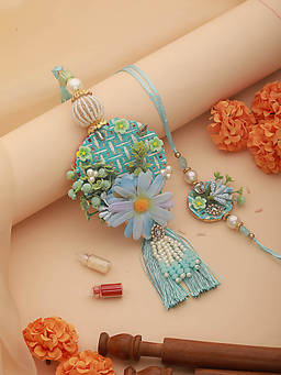 Aatmana - Floral Work & Crystal Tasselled Bhaiya Bhabhi Rakhi with Lamba & Roli Chawal