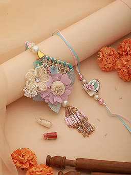 Aatmana - Floral Work Tasselled Bhaiya Bhabhi Rakhi with Lamba & Roli Chawal