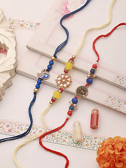 Aatmana - Peacock, Evil Eye Pearl Beaded Rakhi's with Roli Chawal (Pack of 3)