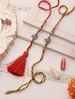 Aatmana - Peacock Shaped Bhaiya Bhabhi Rakhi with Lamba & Roli Chawal