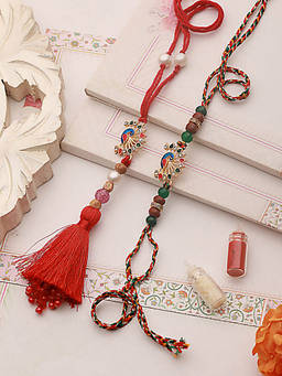 Aatmana - Peacock Shaped Bhaiya Bhabhi Rakhi with Lamba & Roli Chawal