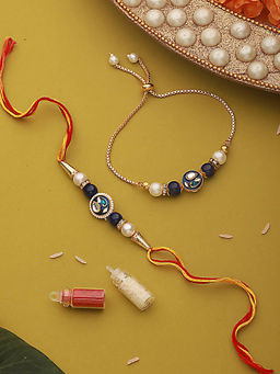 Aatmana - Kundan Studded & Pearl Beaded Bhaiya Bhabhi Rakhi with Bracelet & Roli Chawal