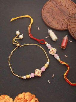 Aatmana - Kundan Studded & Pearl Beaded Bhaiya Bhabhi Rakhi with Bracelet & Roli Chawal