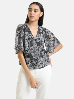 Kazo - Grey V-Neck Paisley Print Top