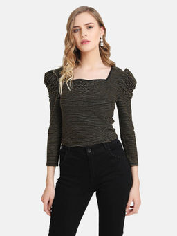 Kazo - Black Puffed Sleeve Ruched Neck Top