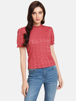 Kazo - Misty Rose Shiny Jaquard Puff Sleeve Top