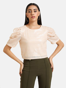 Kazo - Peach Puffed Sleeve Sequin Top