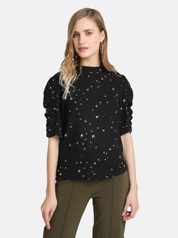 Kazo - Black Puffed Sleeve Ladder Lace Top